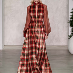 Women's Velvet Dress | Maxi Plaid Stand Collar Button Front