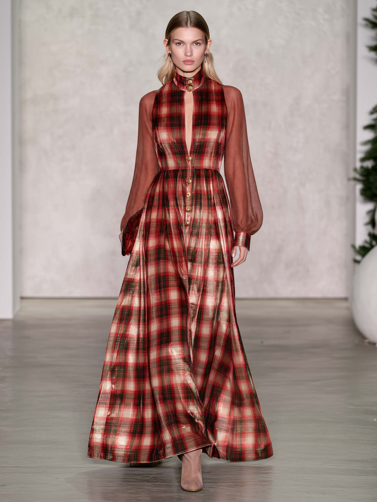 Women's Velvet Dress | Maxi Plaid Button Front Chiffon Sleeve