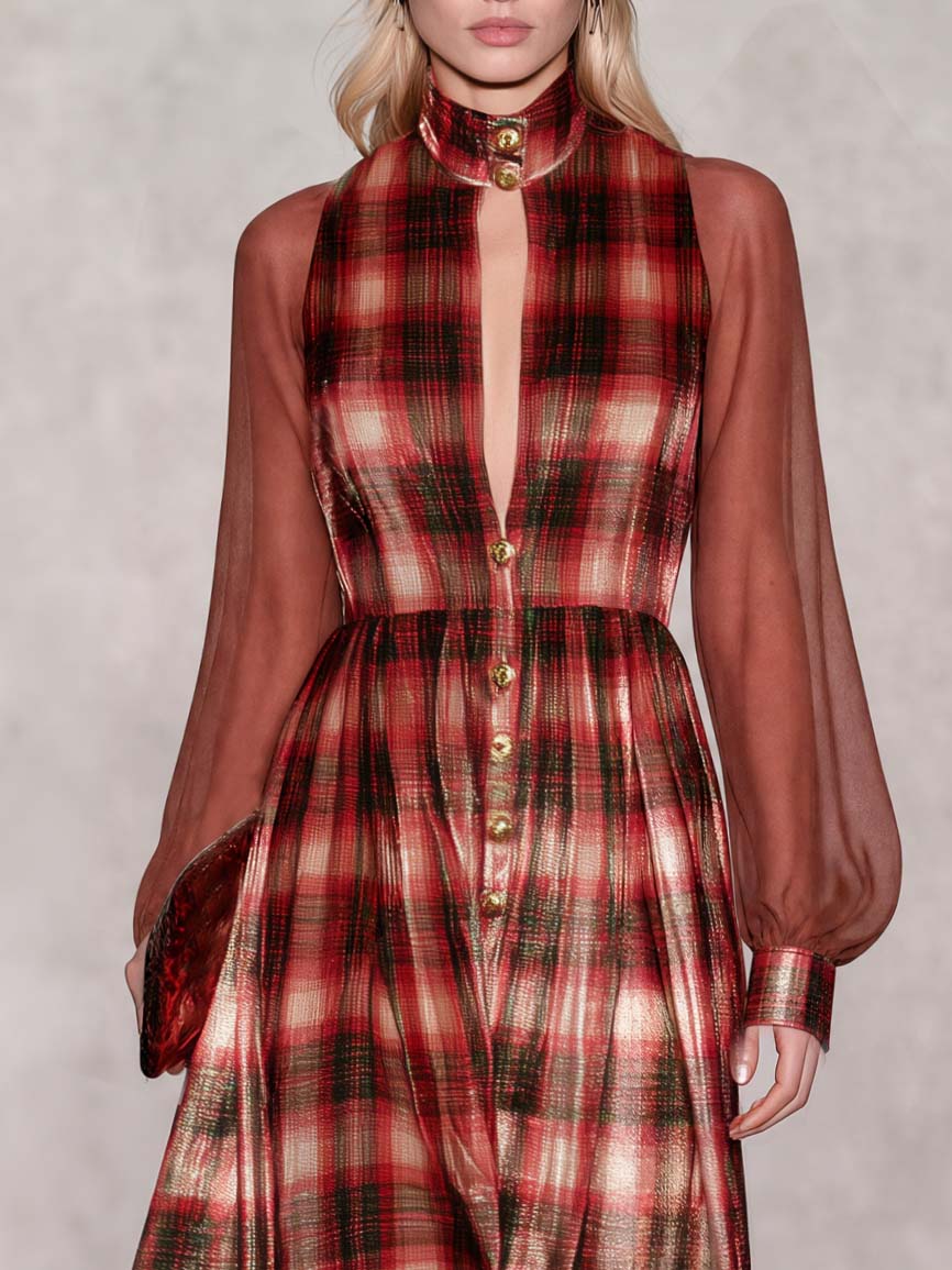 Women's Velvet Dress | Maxi Plaid Stand Collar Button Front