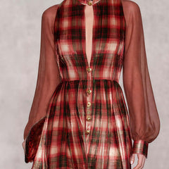 Women's Velvet Dress | Maxi Plaid Button Front Chiffon Sleeve