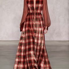 Women's Velvet Dress | Maxi Plaid Stand Collar Button Front