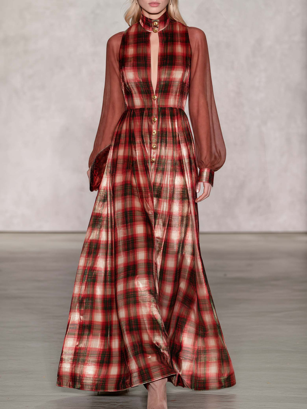 Women's Velvet Dress | Maxi Plaid Button Front Chiffon Sleeve