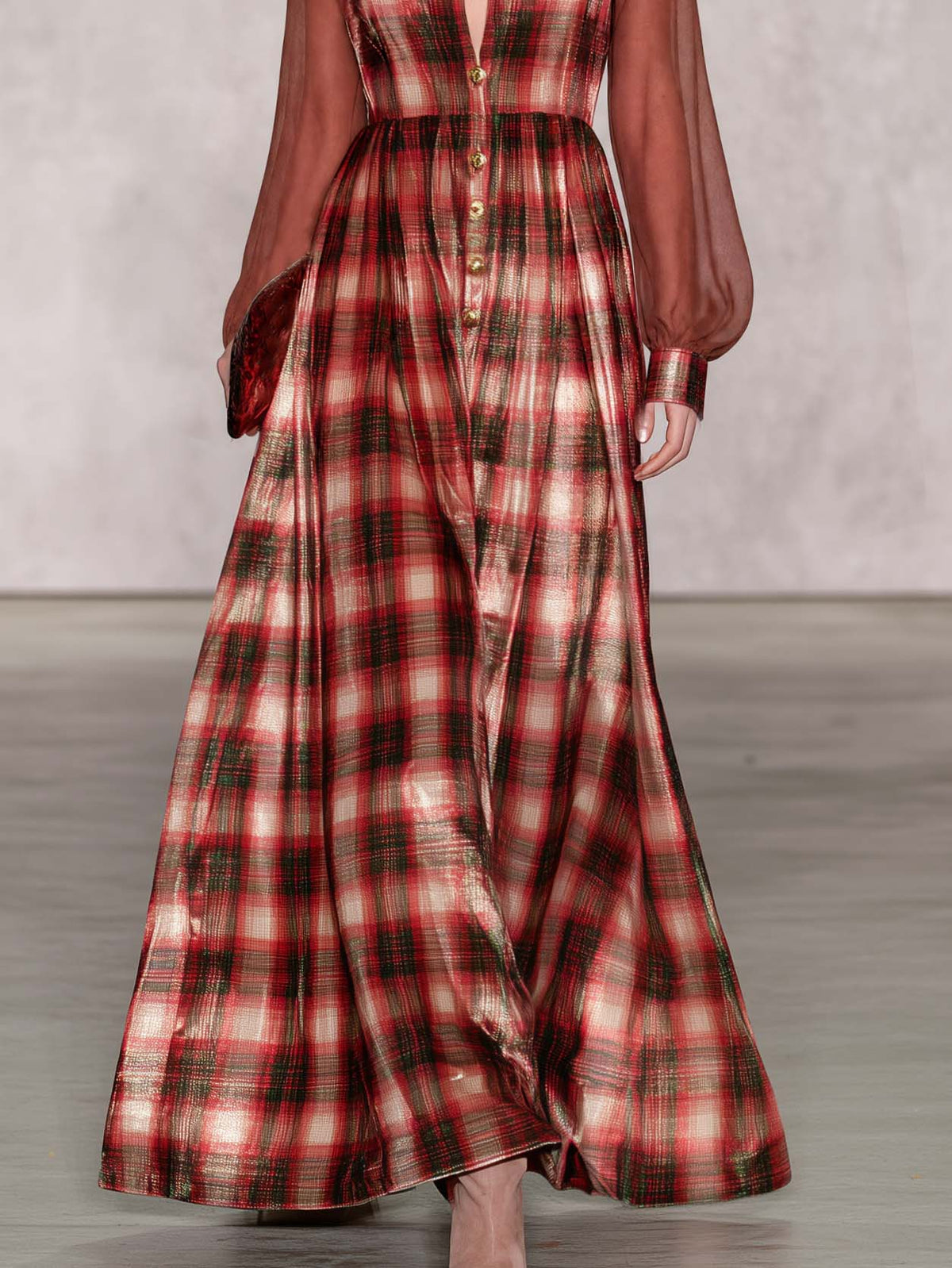 Women's Velvet Dress | Maxi Plaid Stand Collar Button Front