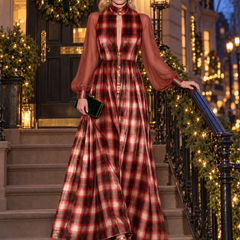 Women's Velvet Dress | Maxi Plaid Stand Collar Button Front