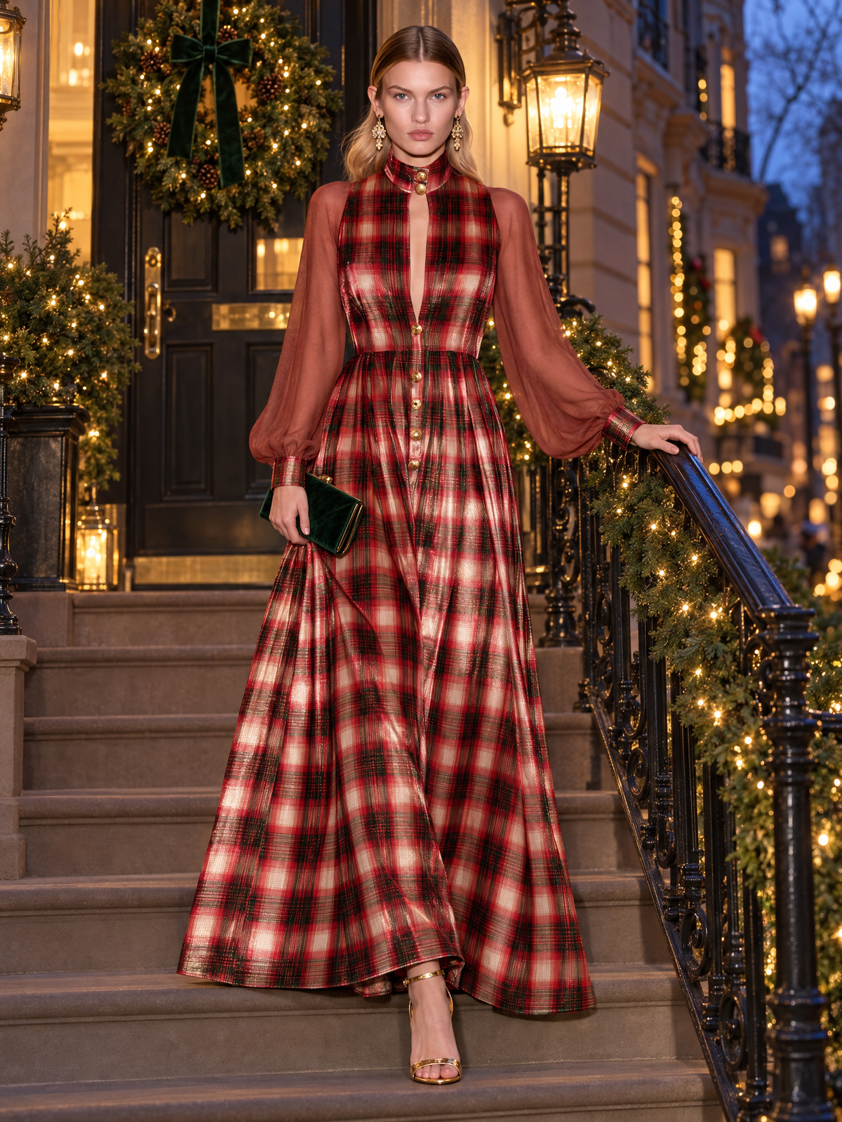 Women's Velvet Dress | Maxi Plaid Stand Collar Button Front