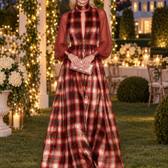 Women's Velvet Dress | Maxi Plaid Stand Collar Button Front
