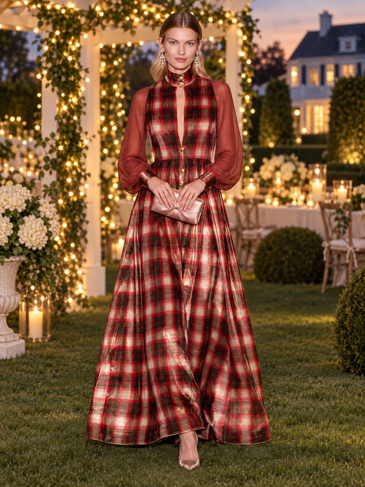 Women's Velvet Dress | Maxi Plaid Stand Collar Button Front
