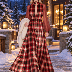 Women's Velvet Dress | Maxi Plaid Stand Collar Button Front