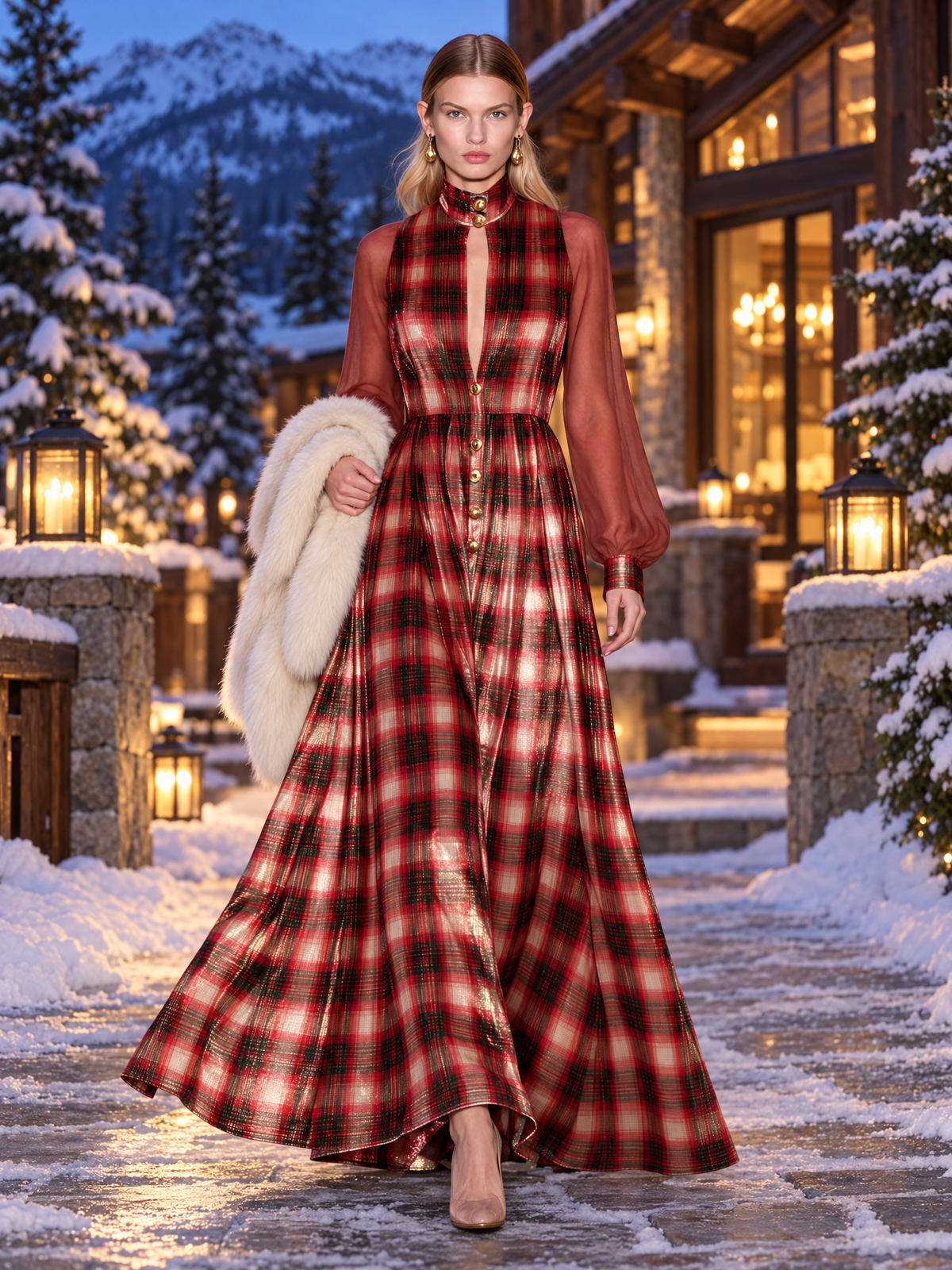 Women's Velvet Dress | Maxi Plaid Stand Collar Button Front