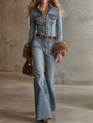 Women's Flare Jeans | Collared Neckline Button Closure Flared Leg