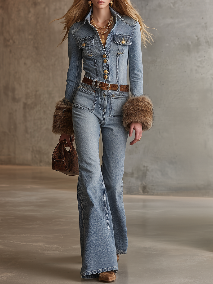 Women's Flare Jeans | Collared Neckline Button Closure Denim
