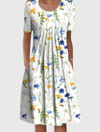 Women's Vacation Dress | Midi Round Neck Short Sleeve Floral