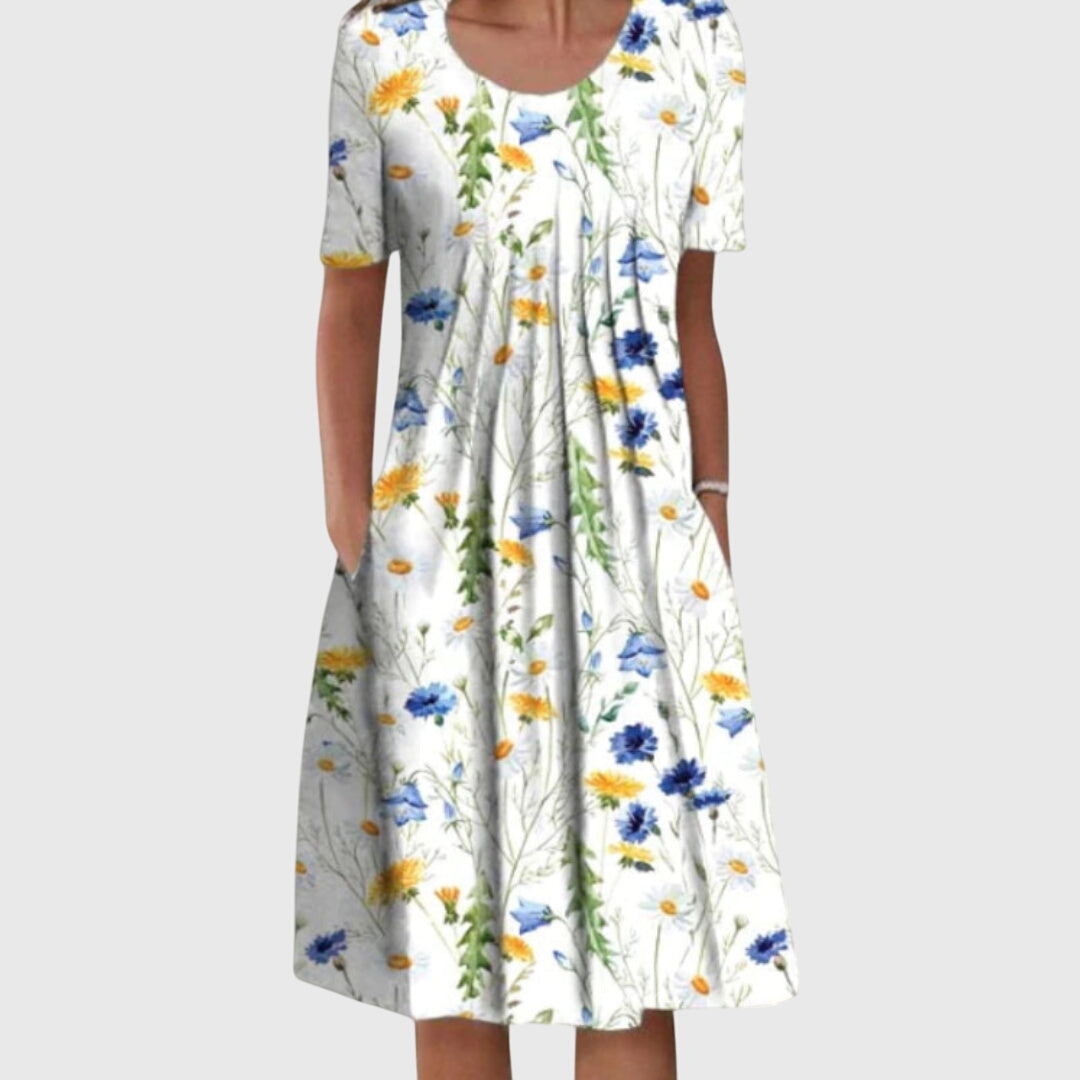 Women's Vacation Dress | Midi Round Neck Short Sleeve Floral