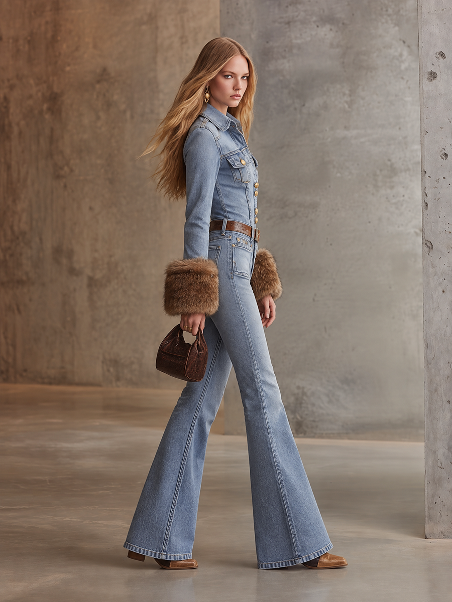 Women's Flare Jeans | Collared Neckline Button Closure Flared Leg