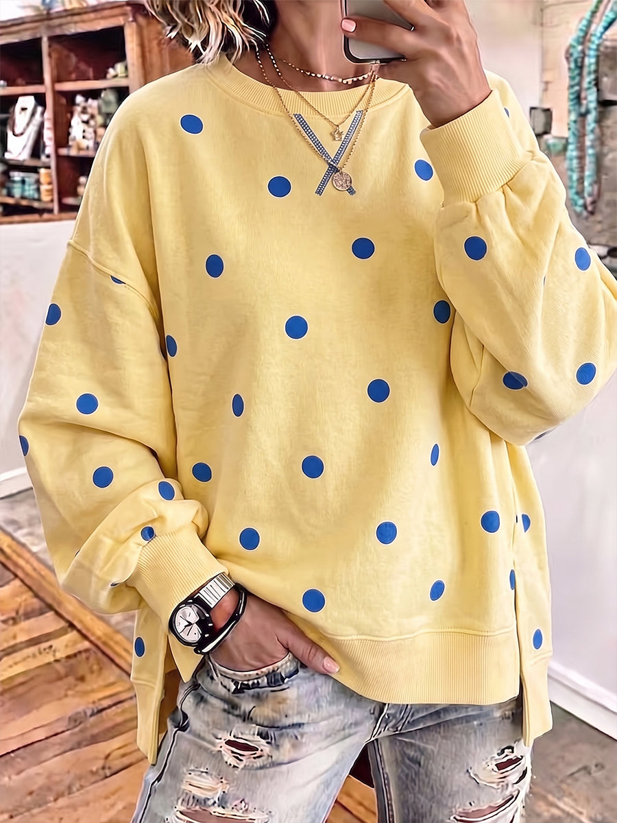 Sweat-shirt femme à pois en coton mélangé, sweat ample col rond et doux pour l’automne