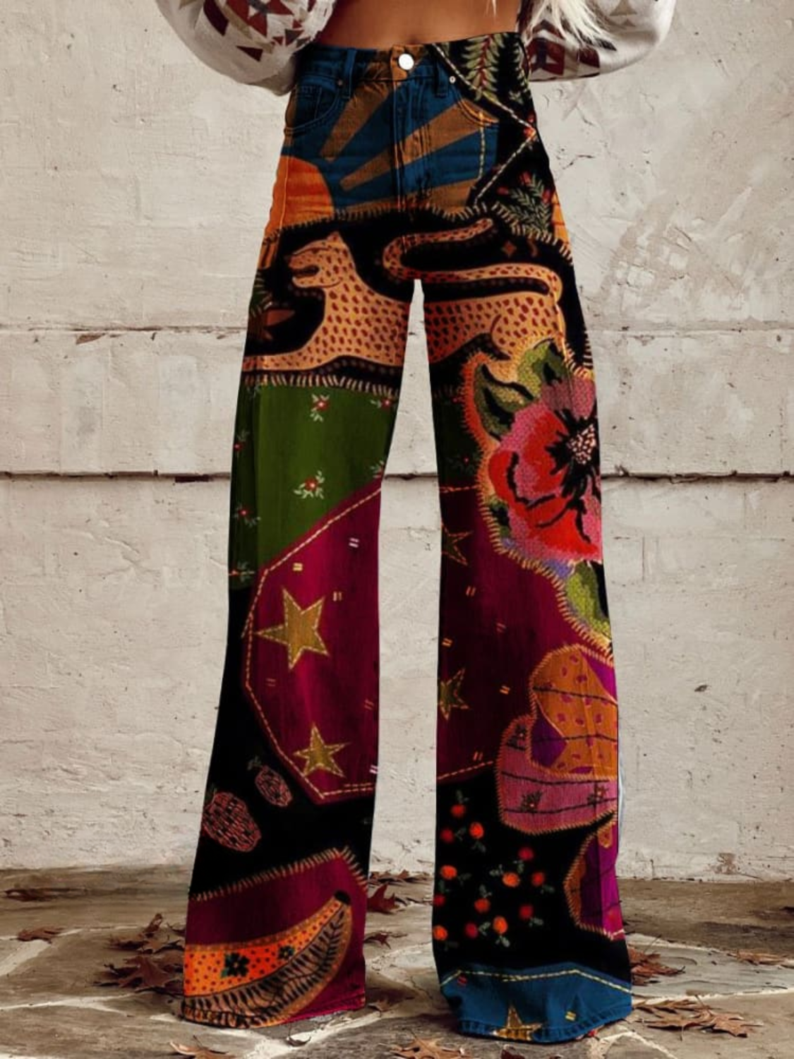 Women's Palazzo Pants | Wide Leg Celestial Print Button Fly