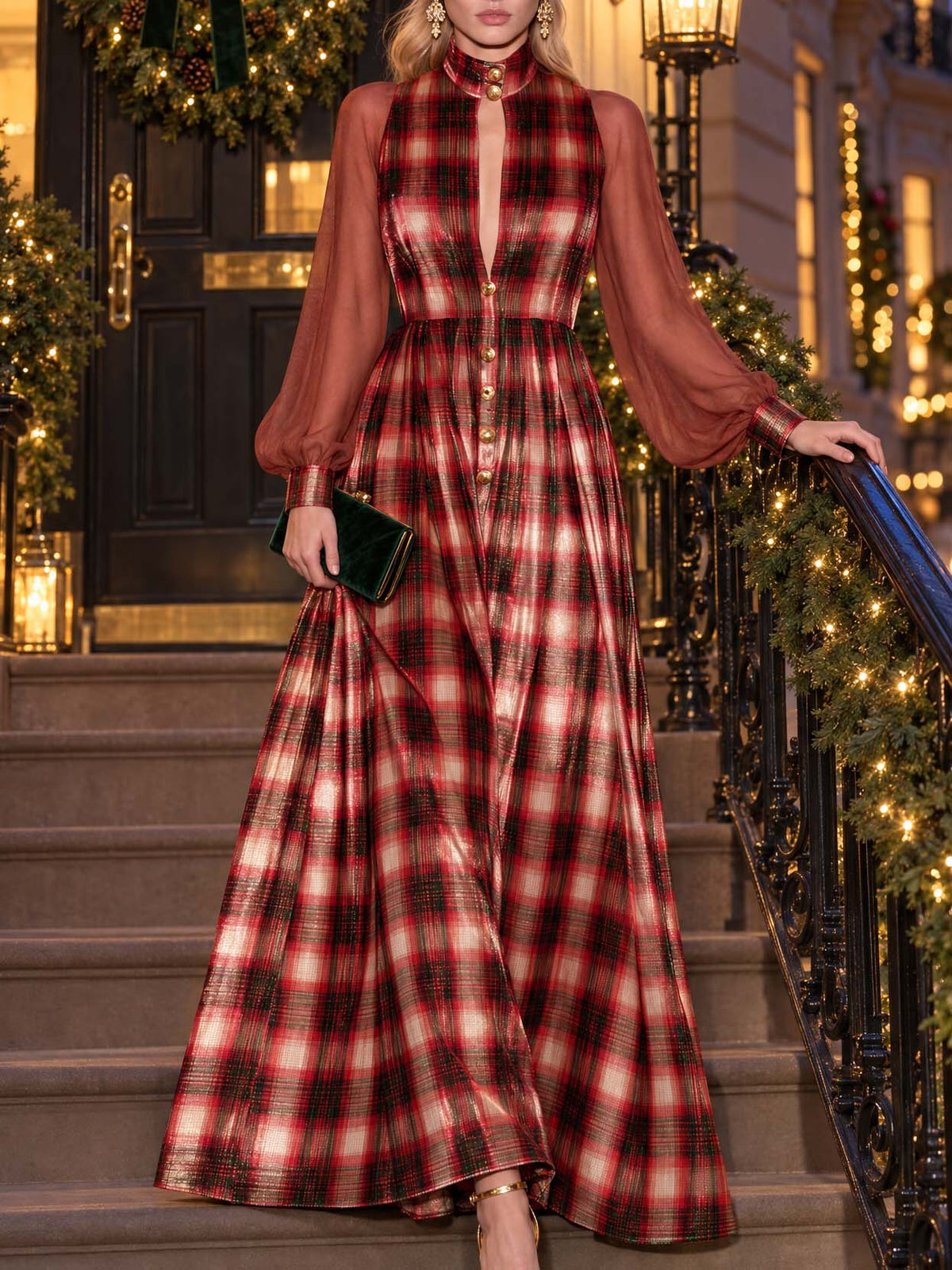 Women's Velvet Dress | Maxi Plaid Stand Collar Button Front