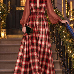 Women's Velvet Dress | Maxi Plaid Button Front Chiffon Sleeve