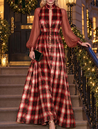 Women's Velvet Dress | Maxi Plaid Button Front Chiffon Sleeve