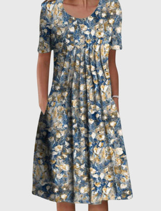 Women's Vacation Dress | Midi Round Neck Short Sleeve Floral