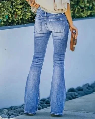 Women's Low Rise Bootcut Jeans | Flared Leg Button Closure Denim