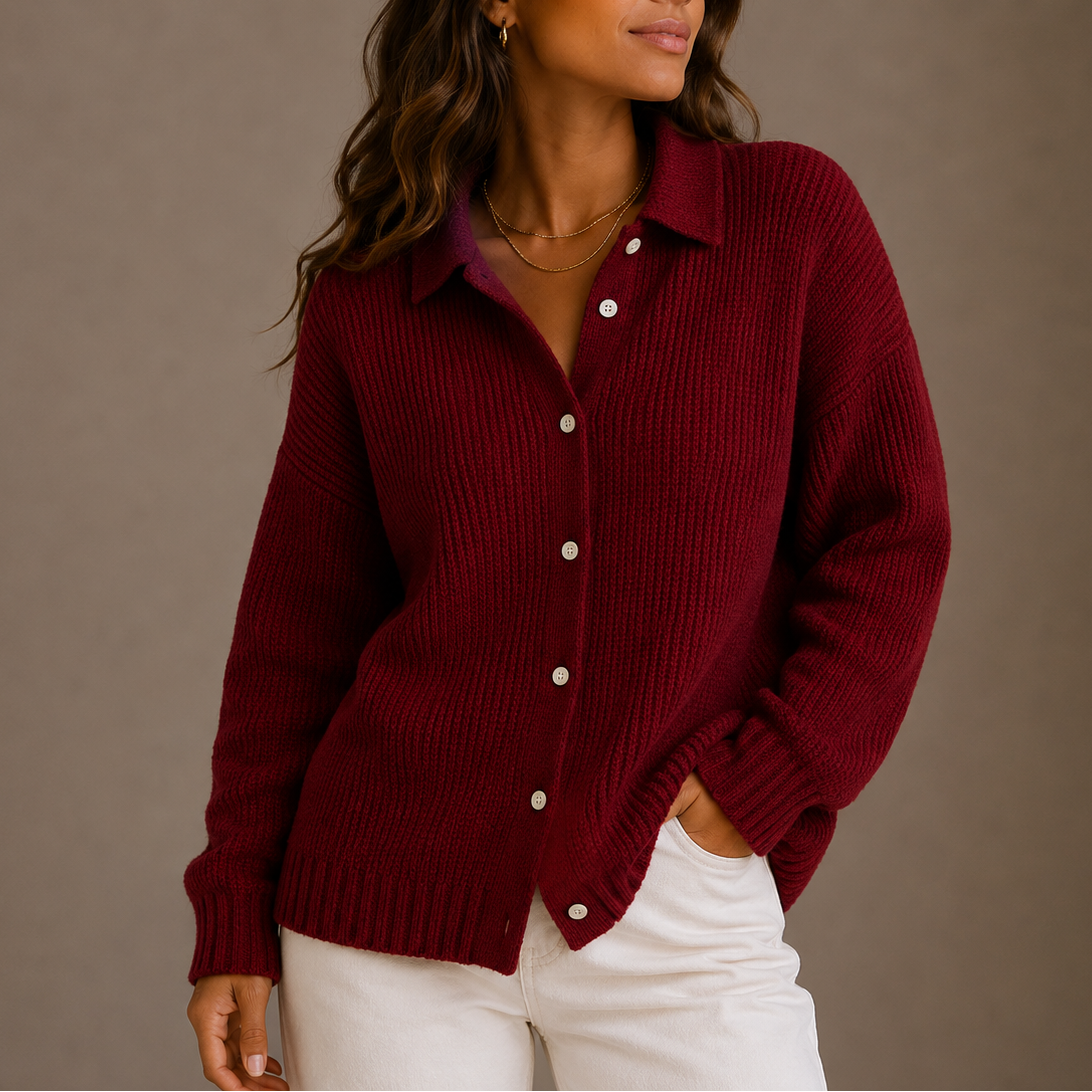 Women's Cardigan | Collared Button-Up Relaxed Fit Knit