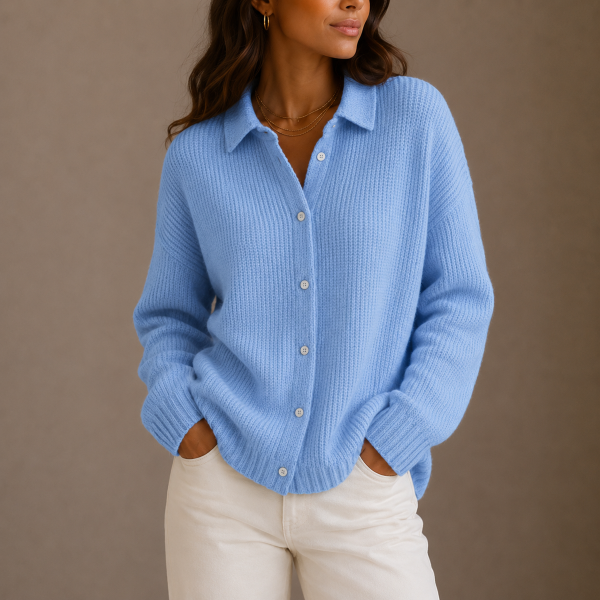 Women's Cardigan | Collared Button-Up Relaxed Fit Knit