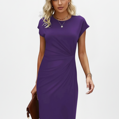 Women's Semi-Formal Dress | Midi Length Cap Sleeve Round Neck Ruched