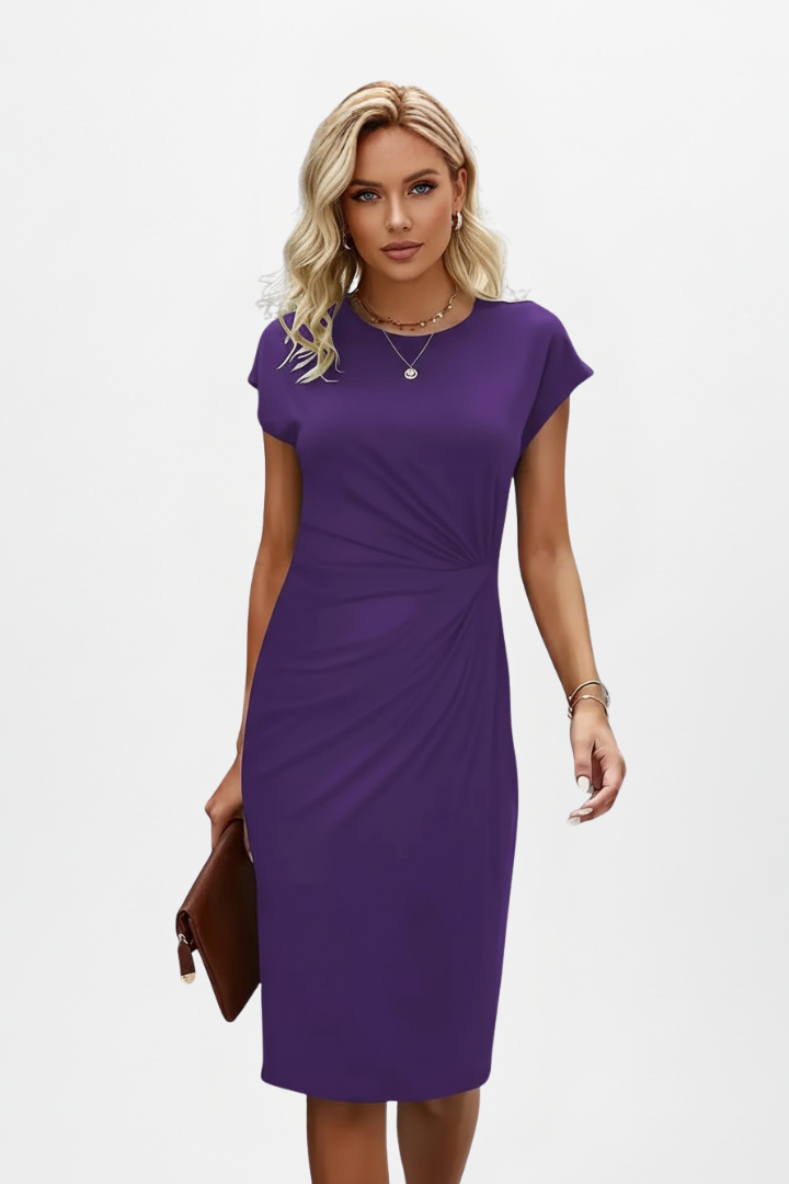 Women's Semi-Formal Dress | Midi Length Cap Sleeve Round Neck Ruched