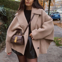 Women's Wool Coat | Oversized Fit Button Closure Collared