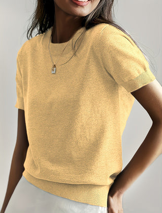 Effortless style: Women's elegant short sleeve knit sweater in a neutral hue.