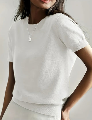 Modern women's short sleeve sweater, a versatile knit top for any occasion.