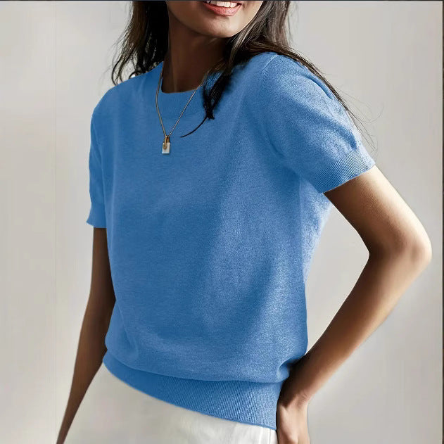 Lightweight women's short sleeve knit top, perfect for spring casual chic outfits.