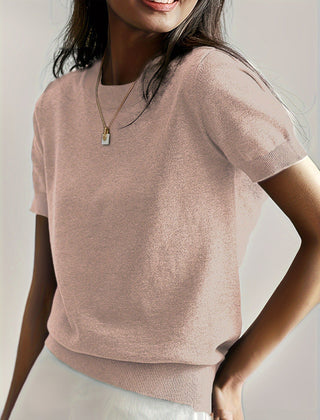 Fashionable women's short sleeve knit sweater, offering both comfort and style.