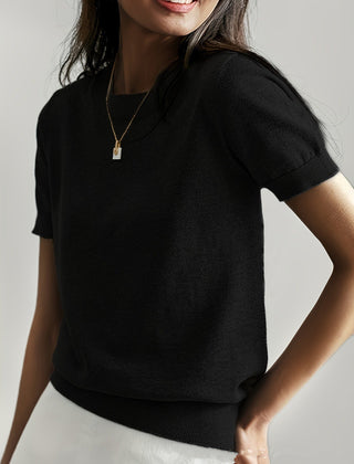 Premium women's short sleeve knit sweater, combining elegance with everyday comfort.