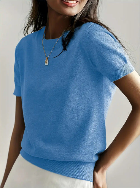 Versatile women's short sleeve top, a comfortable knit sweater for warm weather.
