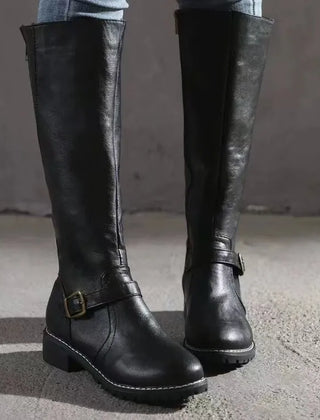 Women's Long Boots | Knee-High Leather Buckle Strap Lug Sole