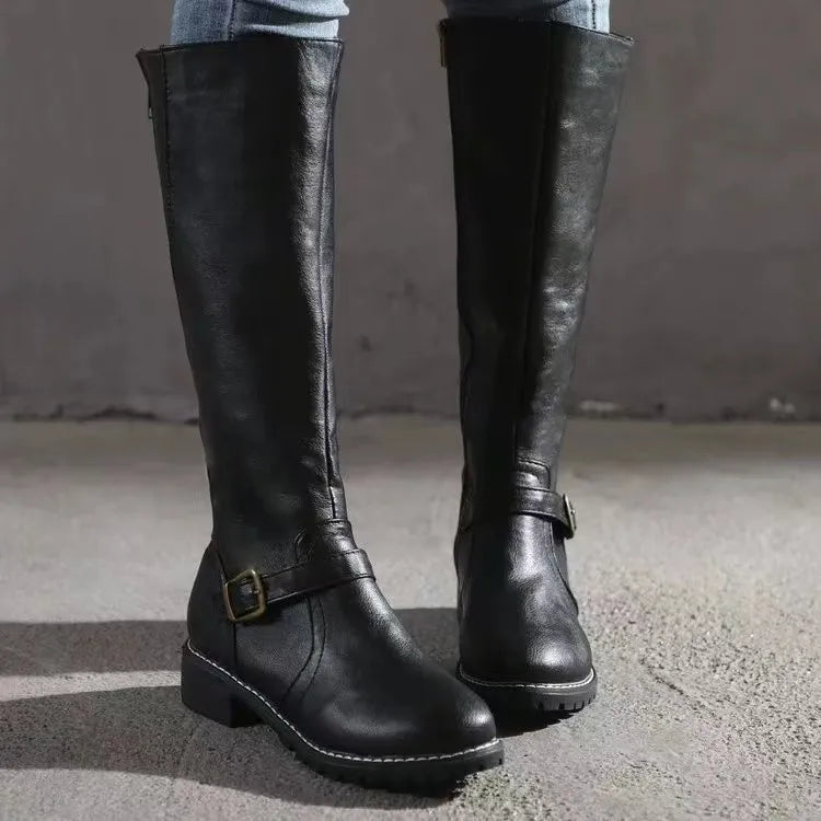 Women's Long Boots | Leather Knee-High Buckle Strap Lug Sole