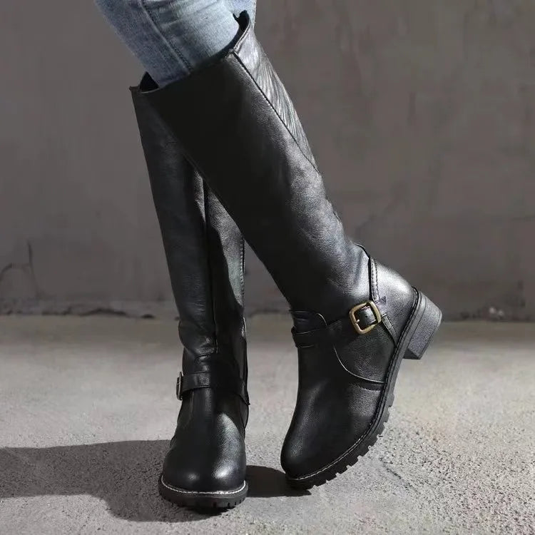 Women's Long Boots | Knee-High Leather Buckle Strap Lug Sole