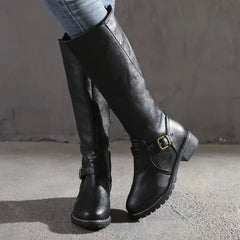 Women's Long Boots | Leather Knee-High Buckle Strap Lug Sole
