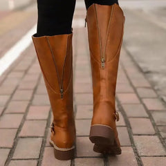Women's Long Boots | Knee-High Leather Buckle Strap Lug Sole