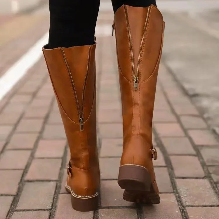 Women's Long Boots | Knee-High Leather Buckle Strap Lug Sole