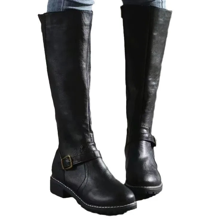 Women's Long Boots | Knee-High Leather Buckle Strap Lug Sole