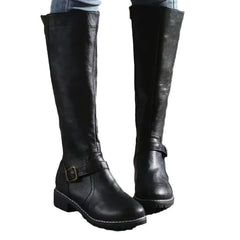 Women's Long Boots | Leather Knee-High Buckle Strap Lug Sole