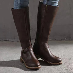 Women's Long Boots | Knee-High Leather Buckle Strap Lug Sole