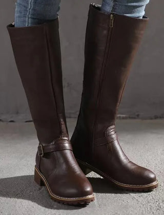 Women's Long Boots | Knee-High Leather Buckle Strap Lug Sole