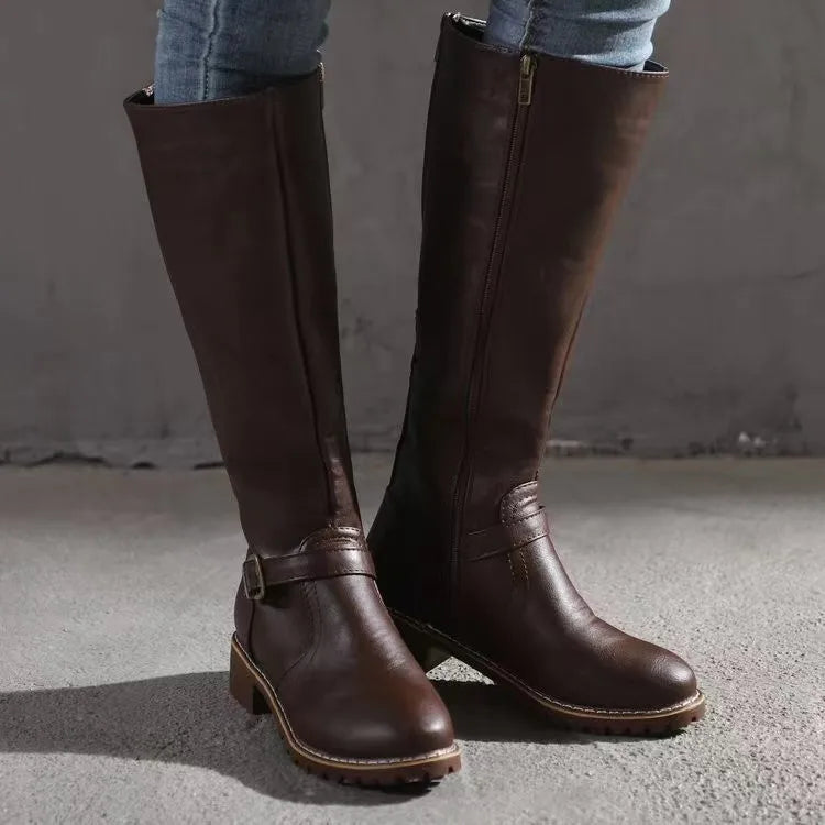 Women's Long Boots | Leather Knee-High Buckle Strap Lug Sole
