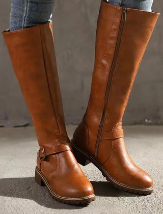 Women's Long Boots | Knee-High Leather Buckle Strap Lug Sole