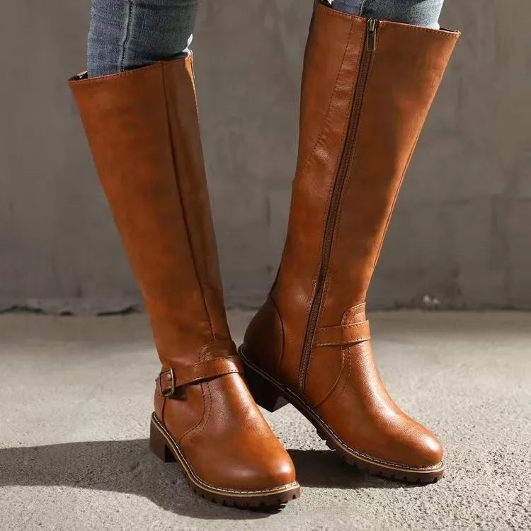 Women's Long Boots | Leather Knee-High Buckle Strap Lug Sole