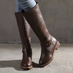 Women's Long Boots | Knee-High Leather Buckle Strap Lug Sole